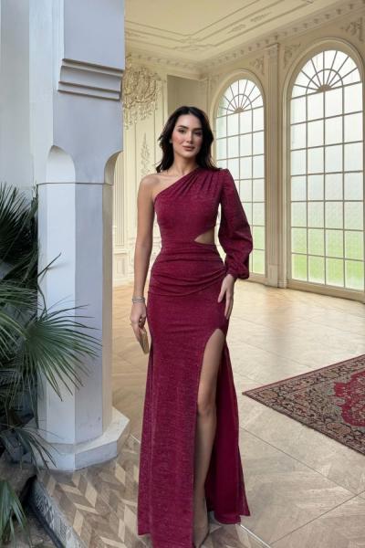 Nilsu Tek Omuz Tasarım Simli Abiye 583061 Bordo