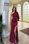 Nilsu Tek Omuz Tasarım Simli Abiye 583061 Bordo