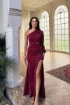 Nilsu Tek Omuz Tasarım Simli Abiye 583061 Bordo