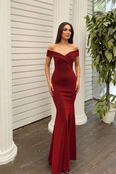 Odela Kayık Yaka Simli Kumaş Abiye 583161 Bordo