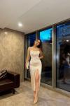 Ön Drapeli Yırtmaçlı Saten Elbise 2604 D8 Krem