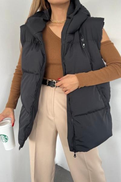 Oversize Fermuar Detay Kapitone Şişme Yelek Z1xx Siyah