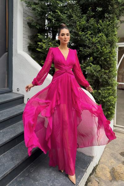 Owen Bel Transparan Abiye 9268 Fuşya