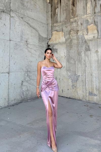 Pamira Ön Düğüm Detay Straplez Saten Abiye 582836 Gül