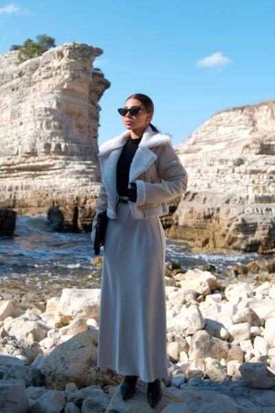 Peluş Kaplama Süet Crop Kaban 6859 Taş Rengi