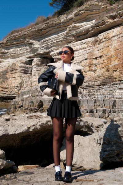 Peluş Kaplama İthal Deri Crop Kaban  Siyah