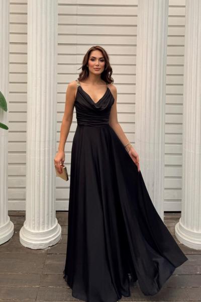 Pera Zincir Detay Saten Abiye 2005 Siyah