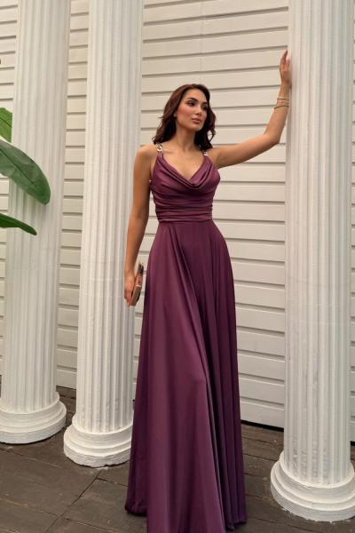 Pera Zincir Detay Saten Abiye 2005 Mürdüm