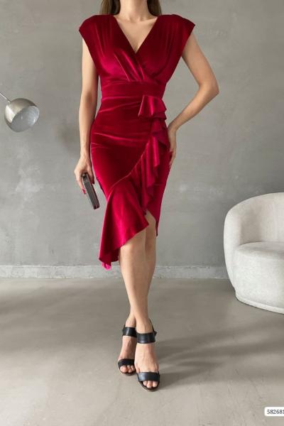 Peyda Fırfır Detaylı Kadife Elbise 582781 Bordo