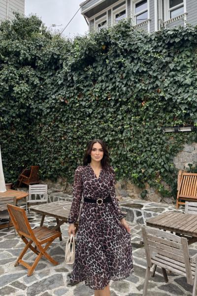 Pliseli Şifon Elbise 3073 Leopar