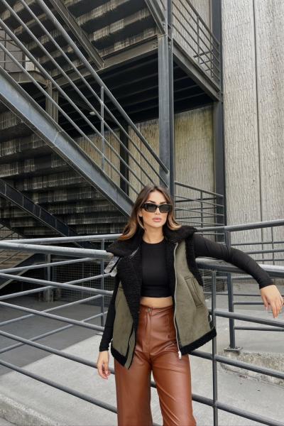 Sals İçi Peluş Kaplama Nubuk Yelek Haki