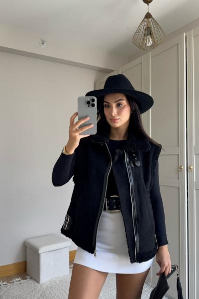 Sals İçi Peluş Kaplama Nubuk Yelek Siyah