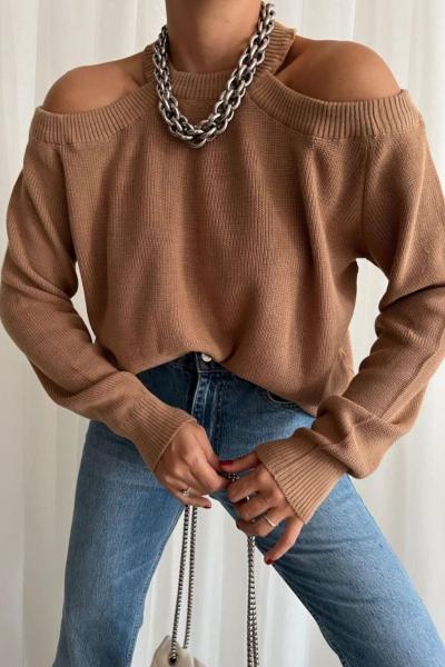 Sarah Omuz Transparan Detay Triko Kazak 059 Kahverengi