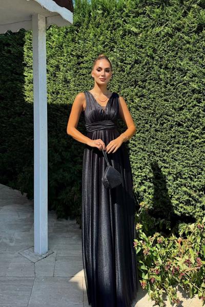 Selen Parlak Kumaş V Yaka Abiye 9223 Siyah