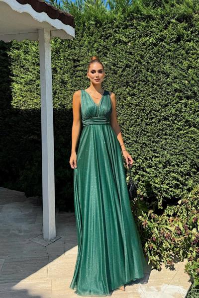 Selen Parlak Kumaş V Yaka Abiye 9223 Zümrüt