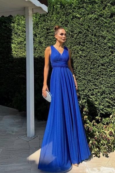 Selen Parlak Kumaş V Yaka Abiye 9223 Saks Mavisi