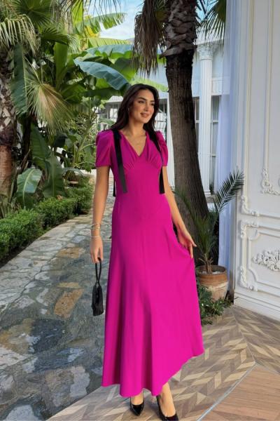 Sienna V Yaka Omuz Detaylı Midi Elbise 9357 Fuşya