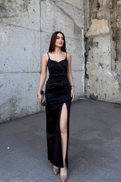 Siete İp Askı Yırtmaçlı Saten Abiye 582177  Siyah