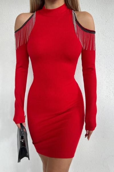 Sırtı Önü Saçaklı Elbise 10194 MD Kırmızı