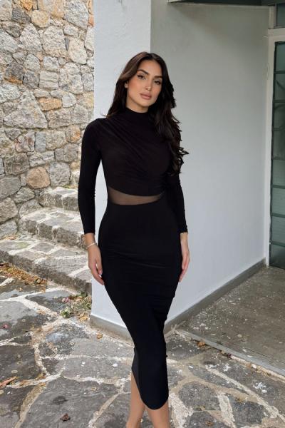 Sophie Beli Tül Detay Sandy Midi Elbise 10957 Siyah