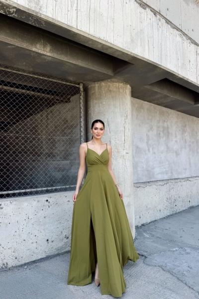 Talia İp Askı Kruvaze Yaka Yırtmaçlı Abiye 582189 Yağ Yeşili