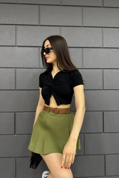 Tansel Gabardin Kemer Detay Şort Etek Y24 8028 Haki