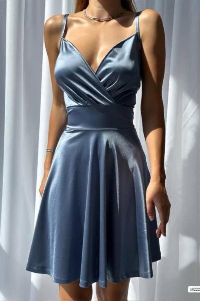 Tılsım Kruvaze Yaka Saten Elbise 582223 İndigo