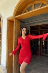 Tül Büzgülü Desenli V Yaka Elbise 3028 B9x Kırmızı