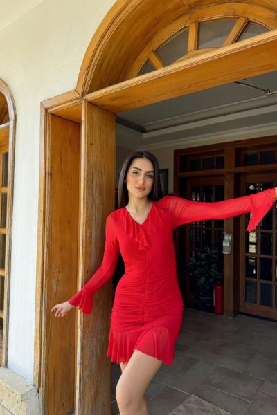 Tül Büzgülü Desenli V Yaka Elbise 3028 B9x Kırmızı