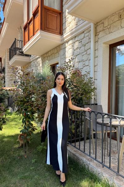 V Yaka Kolsuz Maxi Elbise 25896 Siyah Beyaz