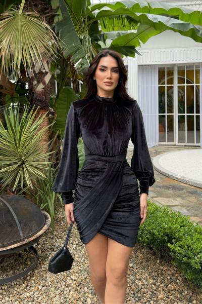 Vatkalı Drape Detay Dilge Mini Elbise 9302 Siyah
