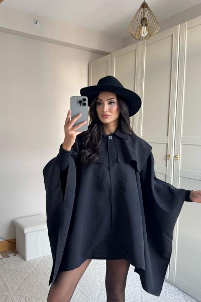 Veronica Düğmeli Panço Trençkot 2634 Siyah