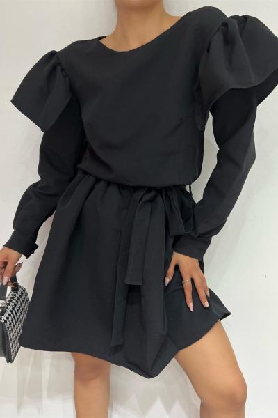 Volan Kol Kuşaklı Elbise MD Siyah