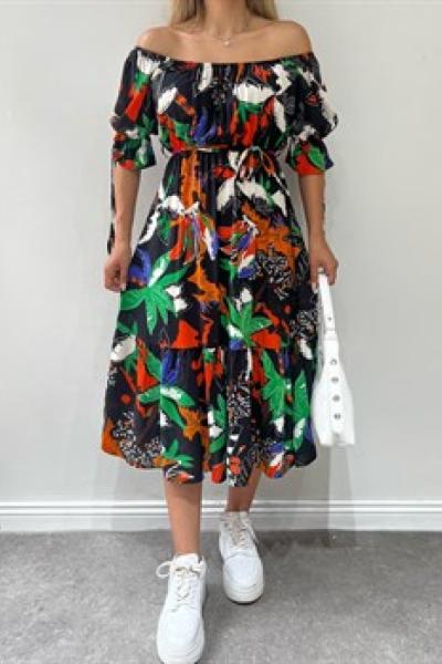 Yaka Lastikli Kuşaklı Elbise TT Siyah