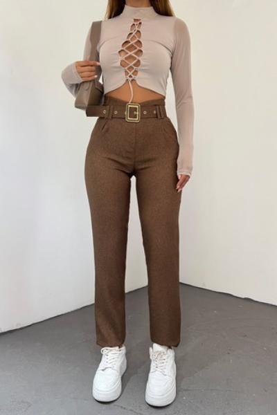 Yün Efekt Kemerli Pantolon 23439 Acı Kahve