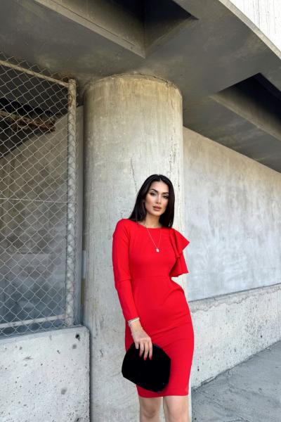 Yuvarlak Yaka Kol Fırfır Mini Elbise 4778 Kırmızı