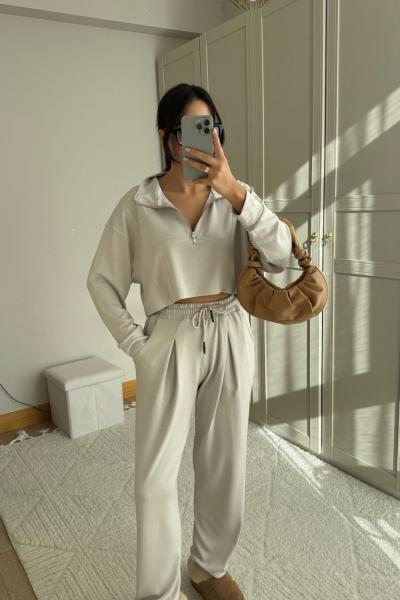 Zeta Fermuar Detay Rahat Kesim Takım 2617 Bej