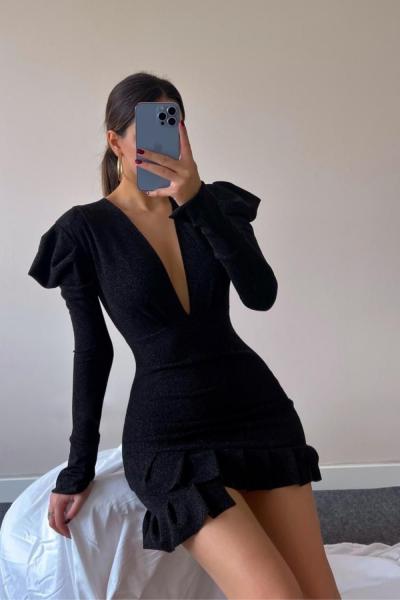 Zodia Prenses Kol Fırfır Etek Mini Elbise 1895 Siyah