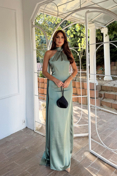 Afra Boyundan Bağlama Kuyruklu Saten Abiye 64752 Zümrüt