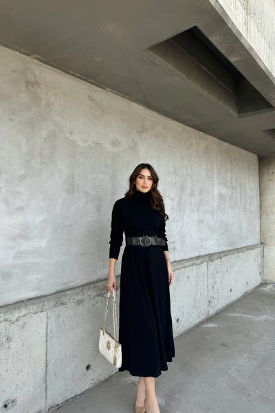 Akrilik Yarasa Kol Kemerli Midi Elbise 992 Siyah
