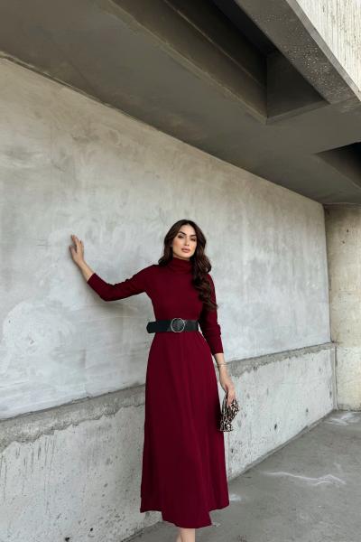Akrilik Yarasa Kol Kemerli Midi Elbise 992 Bordo