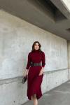 Akrilik Yarasa Kol Kemerli Midi Elbise 992 Bordo