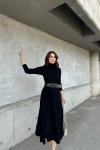 Akrilik Yarasa Kol Kemerli Midi Elbise 992 Siyah