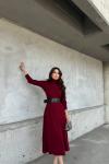 Akrilik Yarasa Kol Kemerli Midi Elbise 992 Bordo