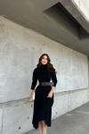 Akrilik Yarasa Kol Kemerli Midi Elbise 992 Siyah