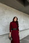 Akrilik Yarasa Kol Kemerli Midi Elbise 992 Bordo