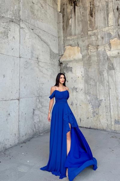 Alice Madonna Yaka İp Askılı Yırtmaçli Abiye 9553 Saks Mavisi