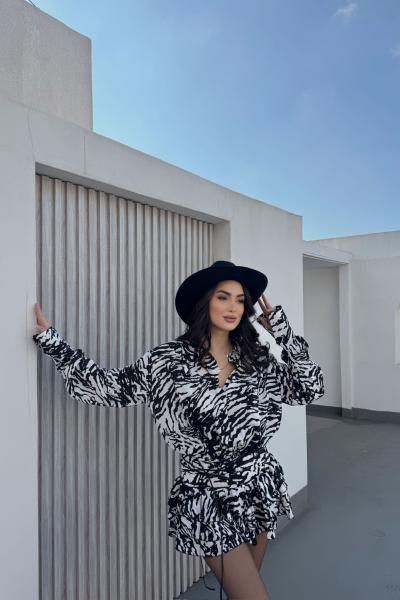 Alyana Gömlek Yaka Mini Elbise 9563 Siyah Beyaz