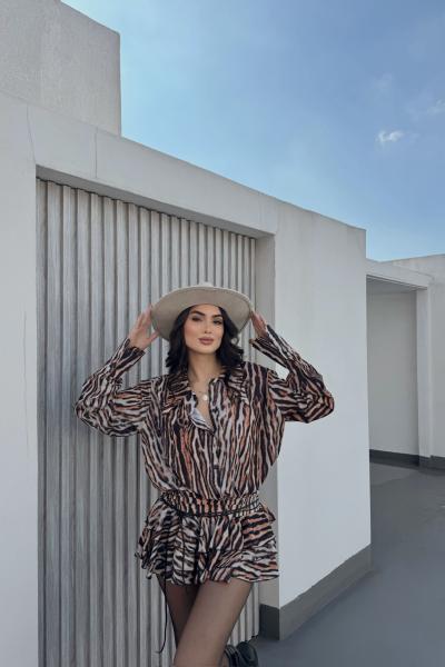 Alyana Gömlek Yaka Mini Elbise 9563 Kahverengi