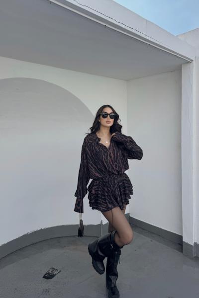 Alyana Gömlek Yaka Mini Elbise 9563 Acı Kahve